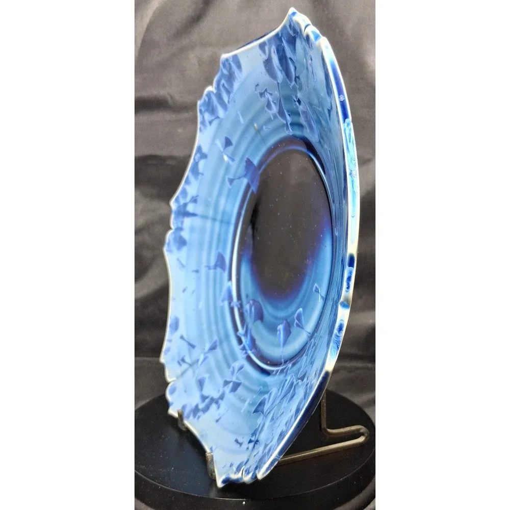 Studio Pottery Crystalline Glaze Blue Scalloped Octagon Plate Signed 9.25 Inch